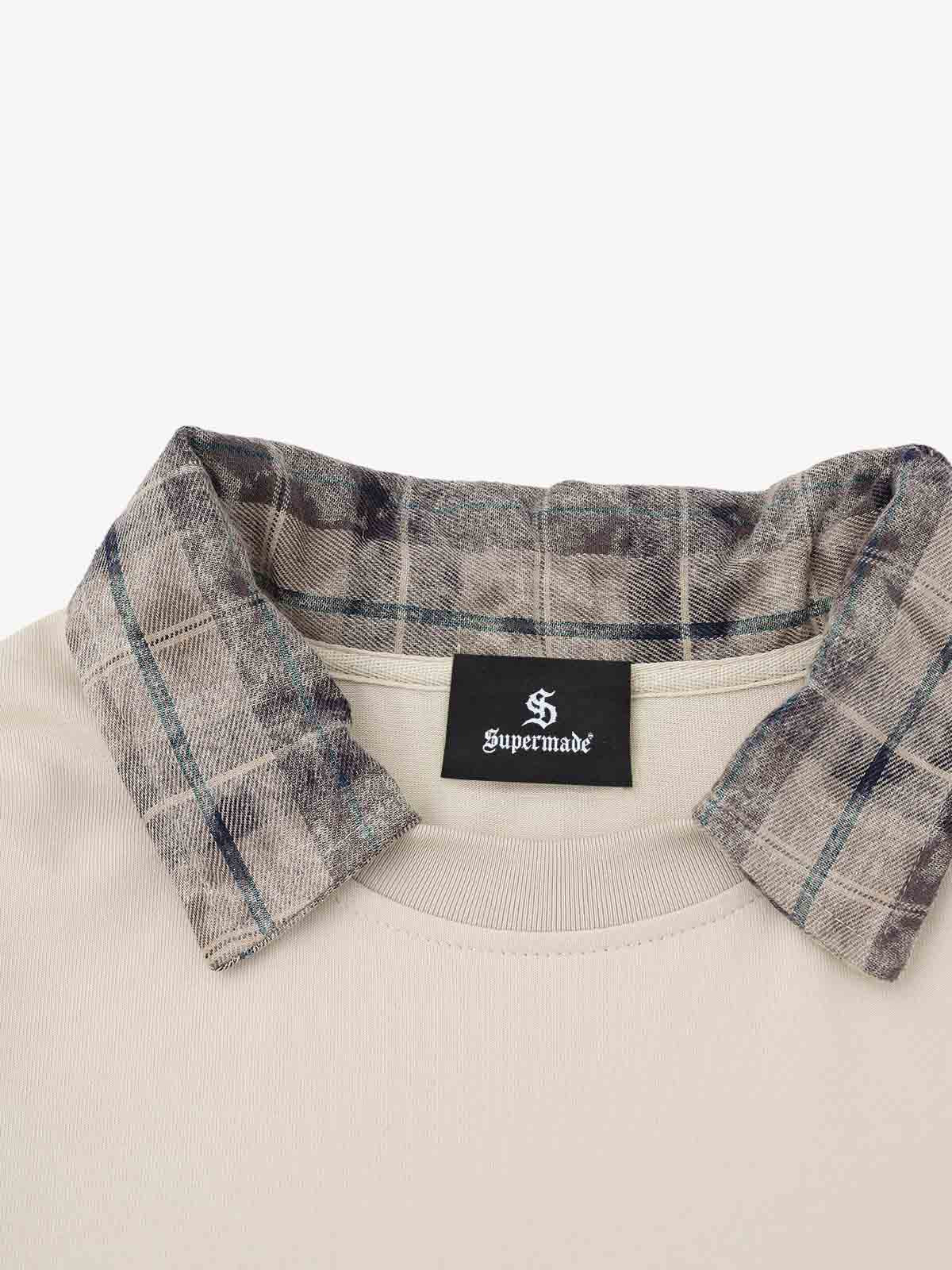 チェック柄パッチワークグラフィック長袖Tシャツ