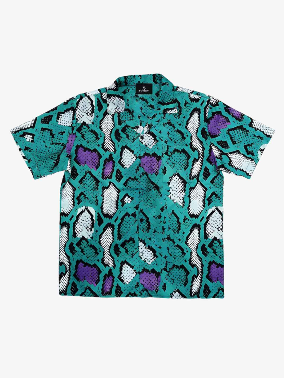 Green Purple Snakeskin Camp Collar Boxy Shirt 