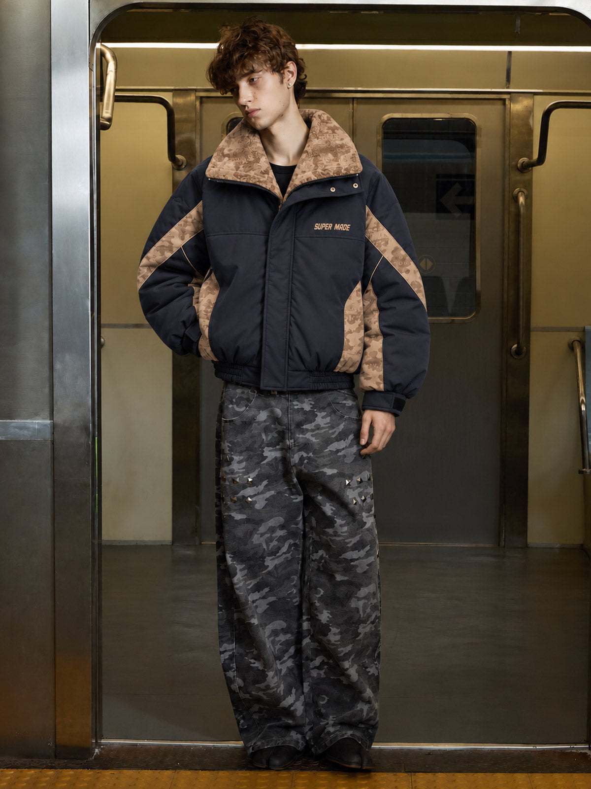 Color-Block Sherpa-Collar Padded Coats