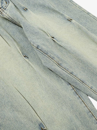 Denim Wide Leg Pants with Distressed Wash and Metal Studs 