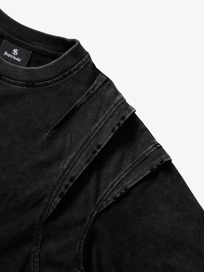 Cotton Blend Oversized T-Shirt with Distressed Denim Panels and Minimalist Logo Design 
