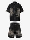 Washed Black Branch Print Deconstructed Denim Set