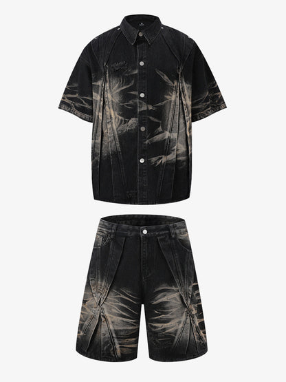 Washed Black Branch Print Deconstructed Denim Set 