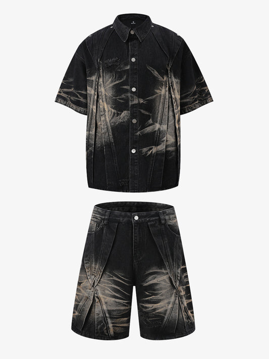 Washed Black Branch Print Deconstructed Denim Set