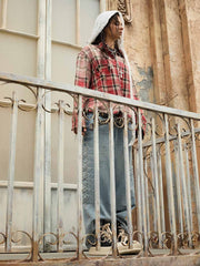 Paint Splatter Plaid Frayed Hem Button Up Shirt 