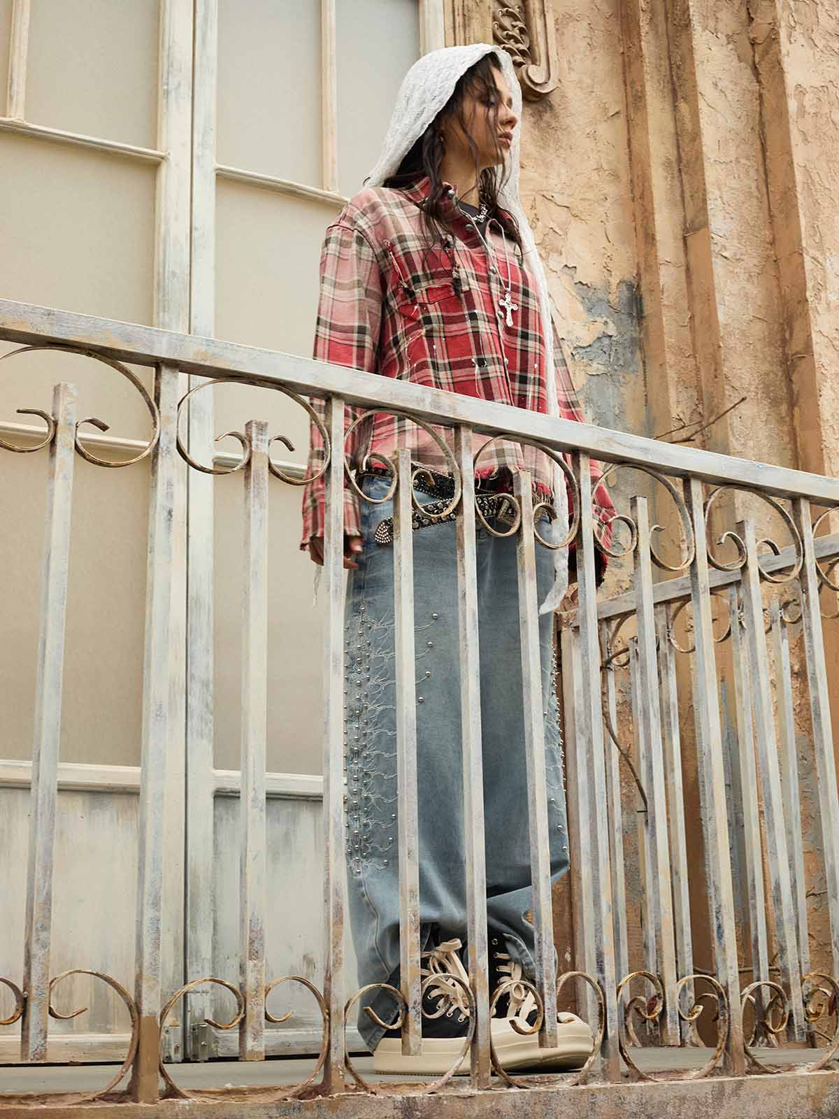 Cotton Plaid Shirt with Paint Splatter Design, Distressed Hem and Pockets, Casual Men's Long Sleeve Button-Up Jacket 