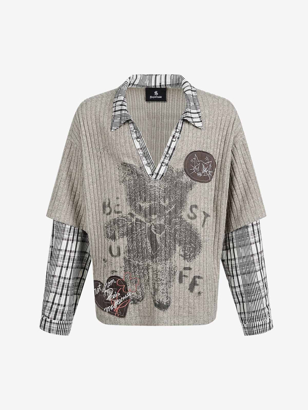Graffiti Bear Graphic Striped Layered Long Sleeve Tee