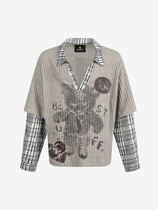 Graffiti Bear Graphic Striped Layered Long Sleeve Tee
