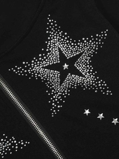 Star Rhinestone Cat Ear Zip-Up Hoodie