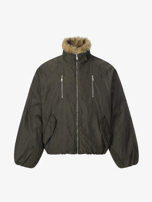 Thesupermade American Street Zipper Design Mountain Carved Fur Collar Quilted Cotton Jacket 