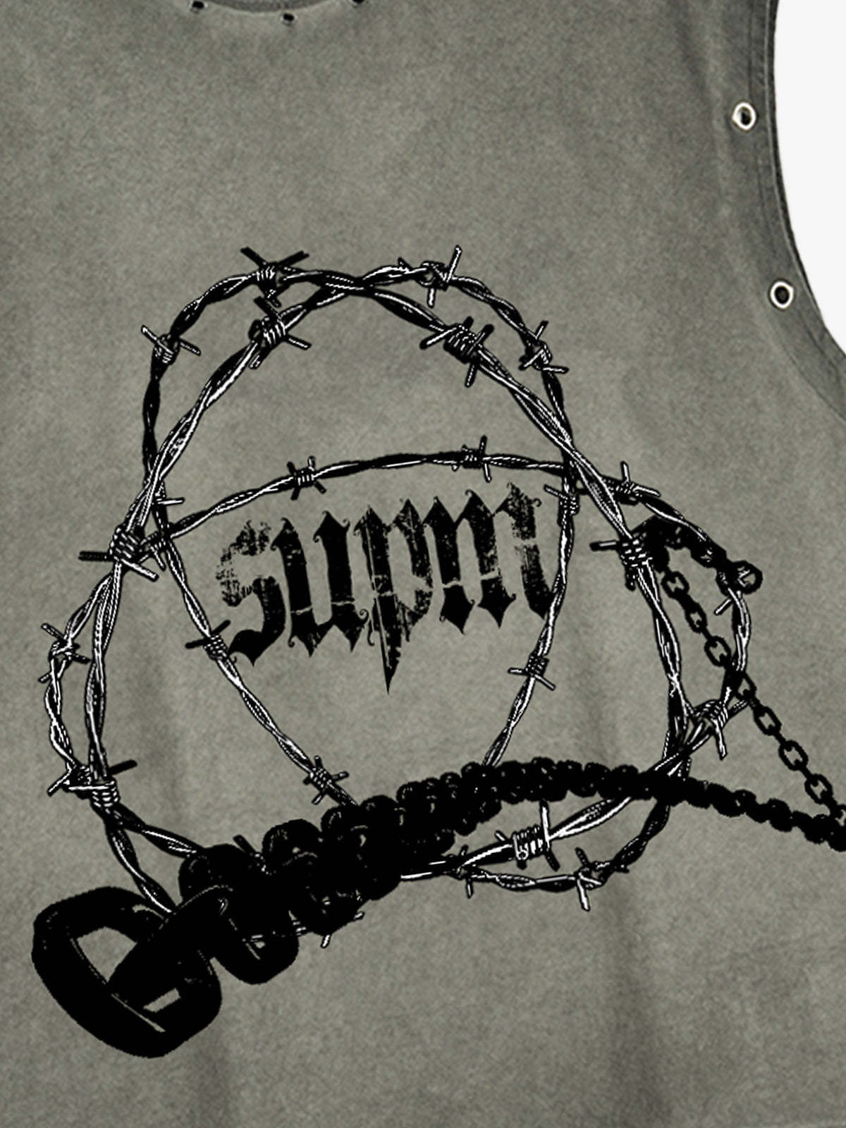 Distressed Sleeveless Crop Top with Barbed Wire Graphic Design 