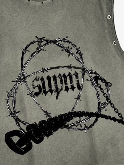 Distressed Sleeveless Crop Top with Barbed Wire Graphic Design 