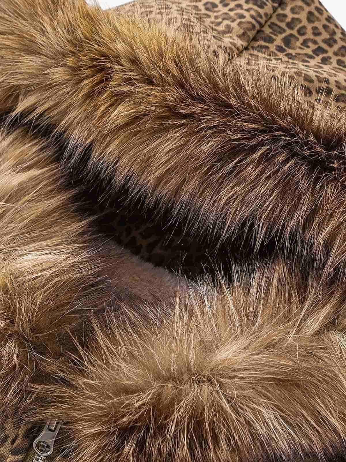 Leopard Napoleon Military Faux Fur Collar Coat