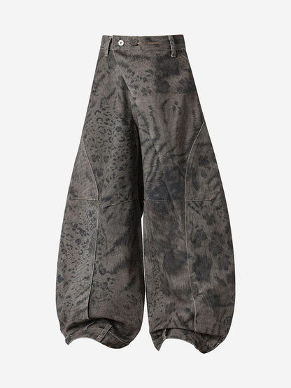 Leopard Patchwork Double-Button Curved-Leg Jeans