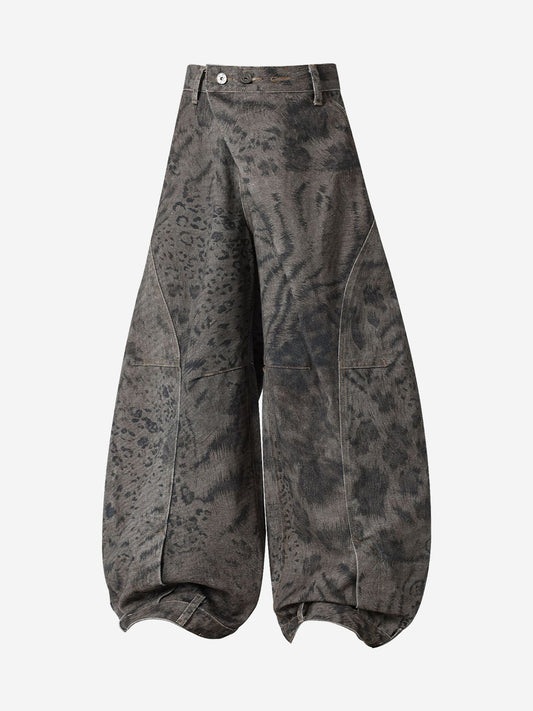 Leopard Patchwork Double-Button Curved-Leg Jeans