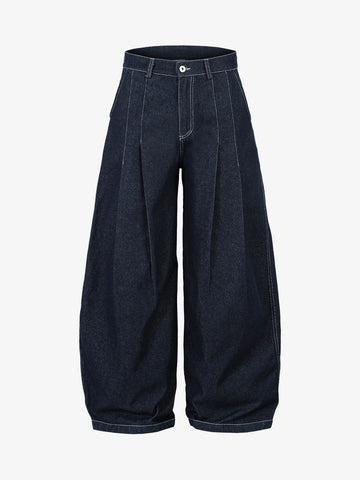 Deconstructed Contrast Stitching Pleated Baggy Barrel Jeans - 2343