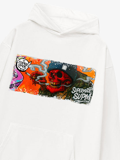 Thesupermade Distressed Blood-red Skull Graffiti Hooded Sweatshirt 