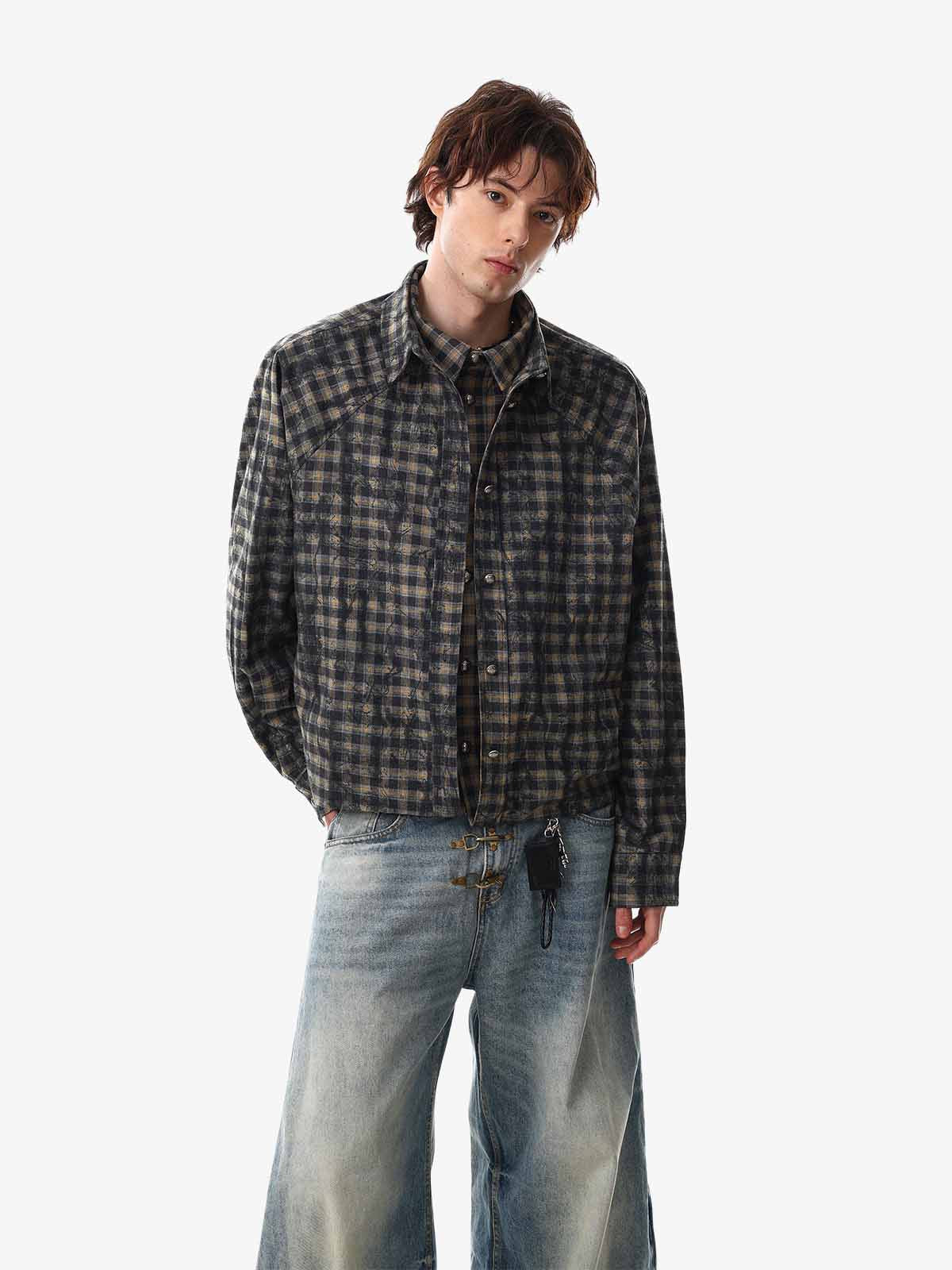 Vintage Washed Plaid Cropped Shirt Jacket