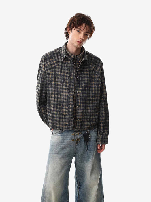 Vintage Washed Plaid Cropped Shirt Jacket