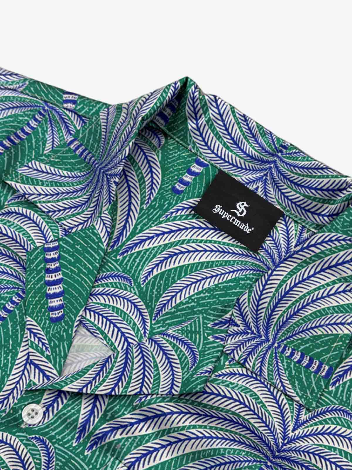 Teal Palm Leaves Camp Collar Boxy Shirt 