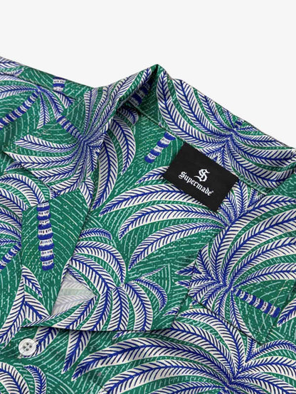 Teal Palm Leaves Camp Collar Boxy Shirt 
