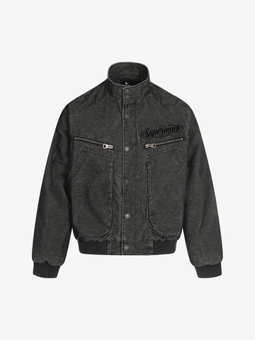Embroidered Distressed Cropped Denim Biker Jacket