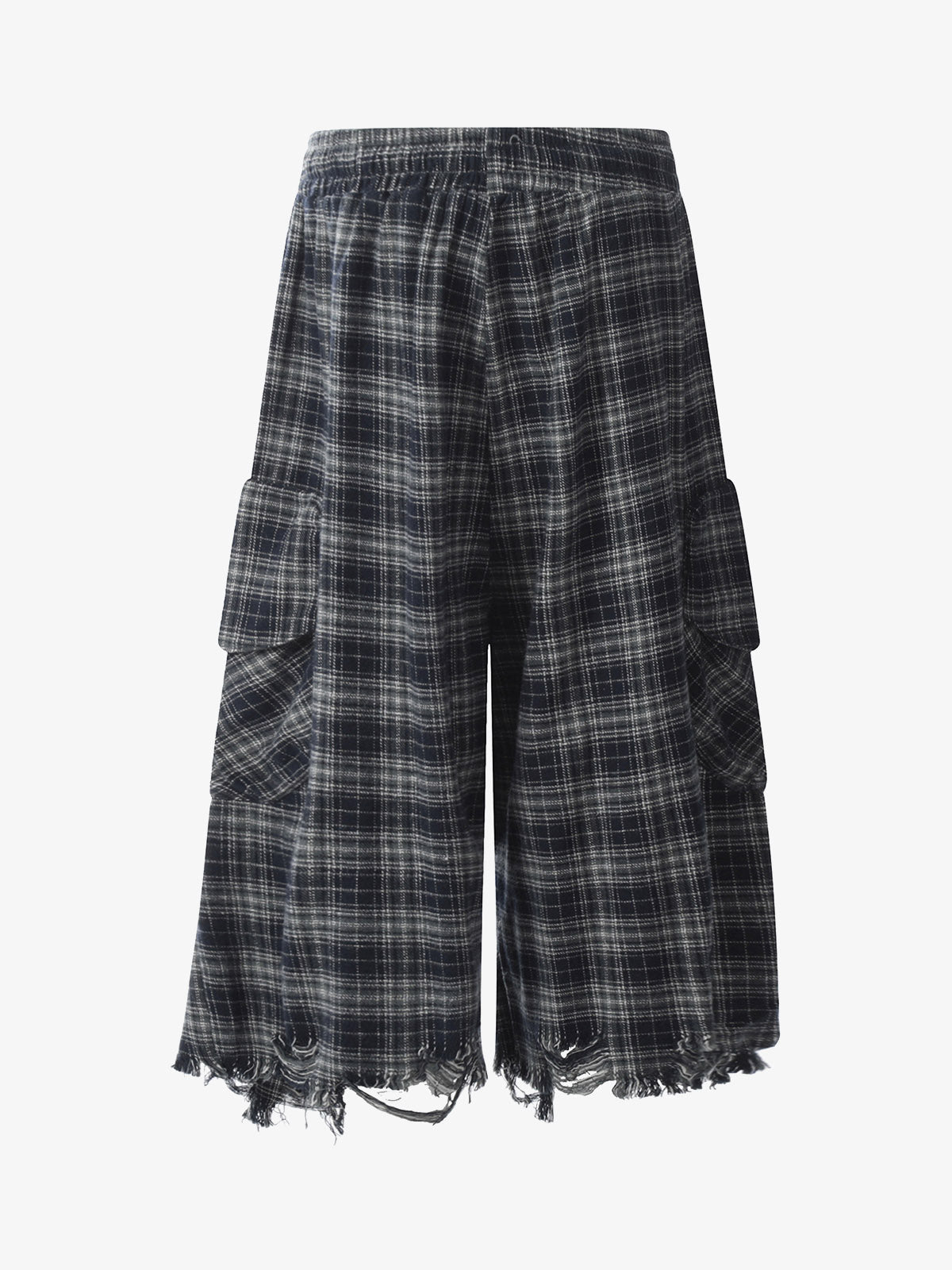 Cotton Plaid Wide Leg Culottes with Frayed Hem and Cargo Pockets 