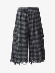 Cotton Plaid Wide Leg Culottes with Frayed Hem and Cargo Pockets 