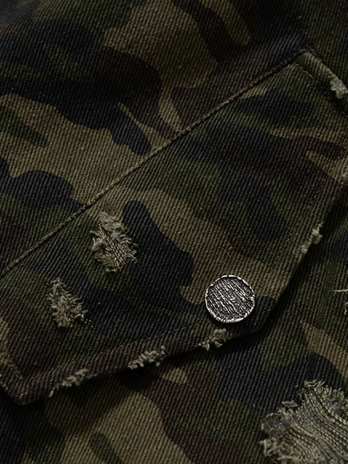 Camouflage Hooded Jacket with Distressed Details and Toggle Closure 