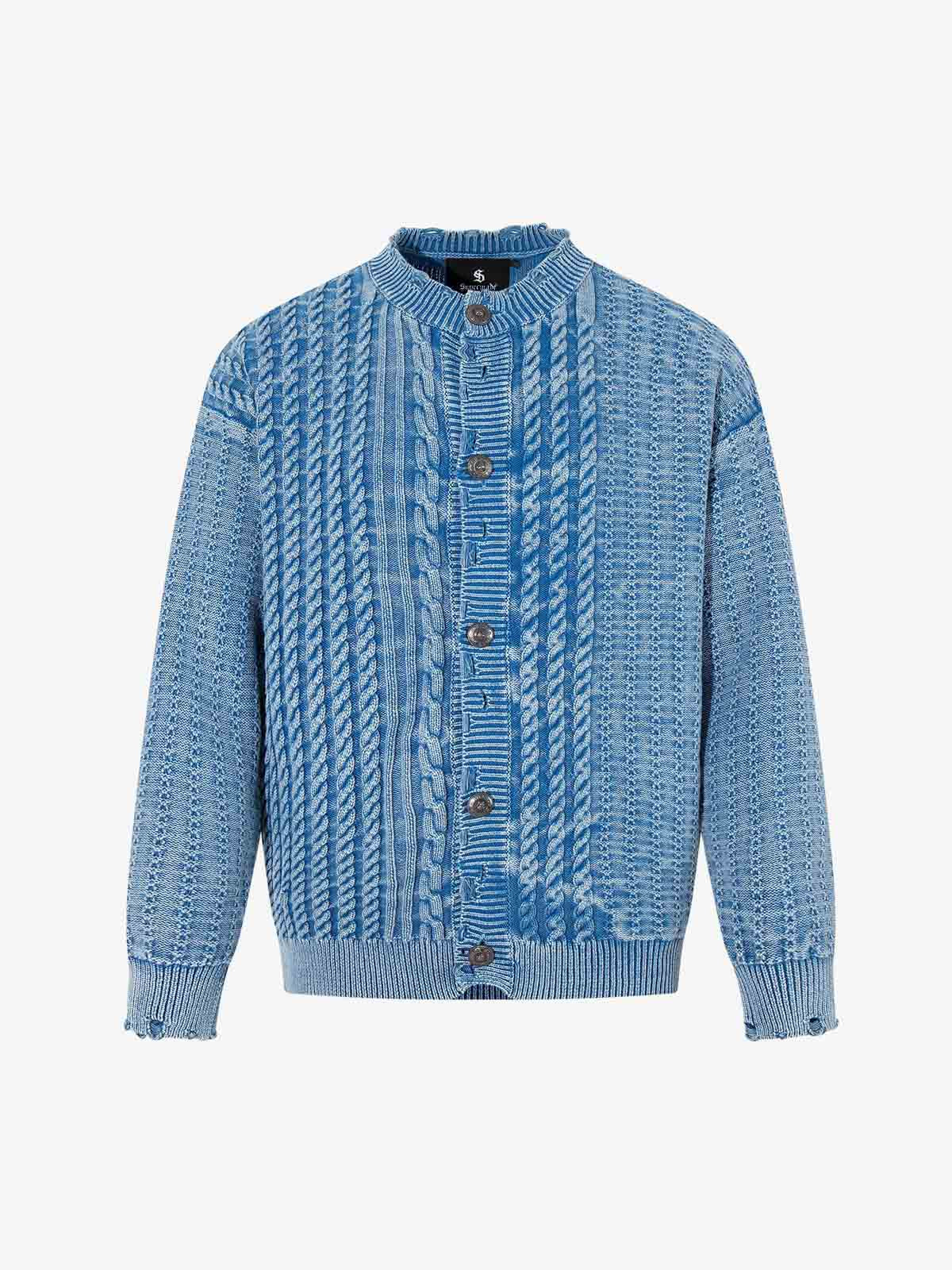 Cotton Blend Cable Knit Cardigan Sweater for Men - Classic Blue with Button Front and Ribbed Details 