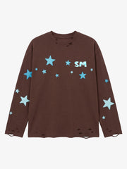 Star Foam Graphic Ripped Color Block Long Sleeve Tee