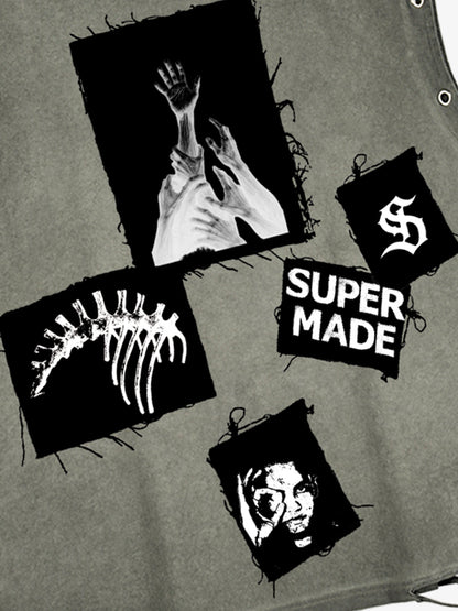 Distressed Sleeveless Crop Top with Barbed Wire Graphic Design 