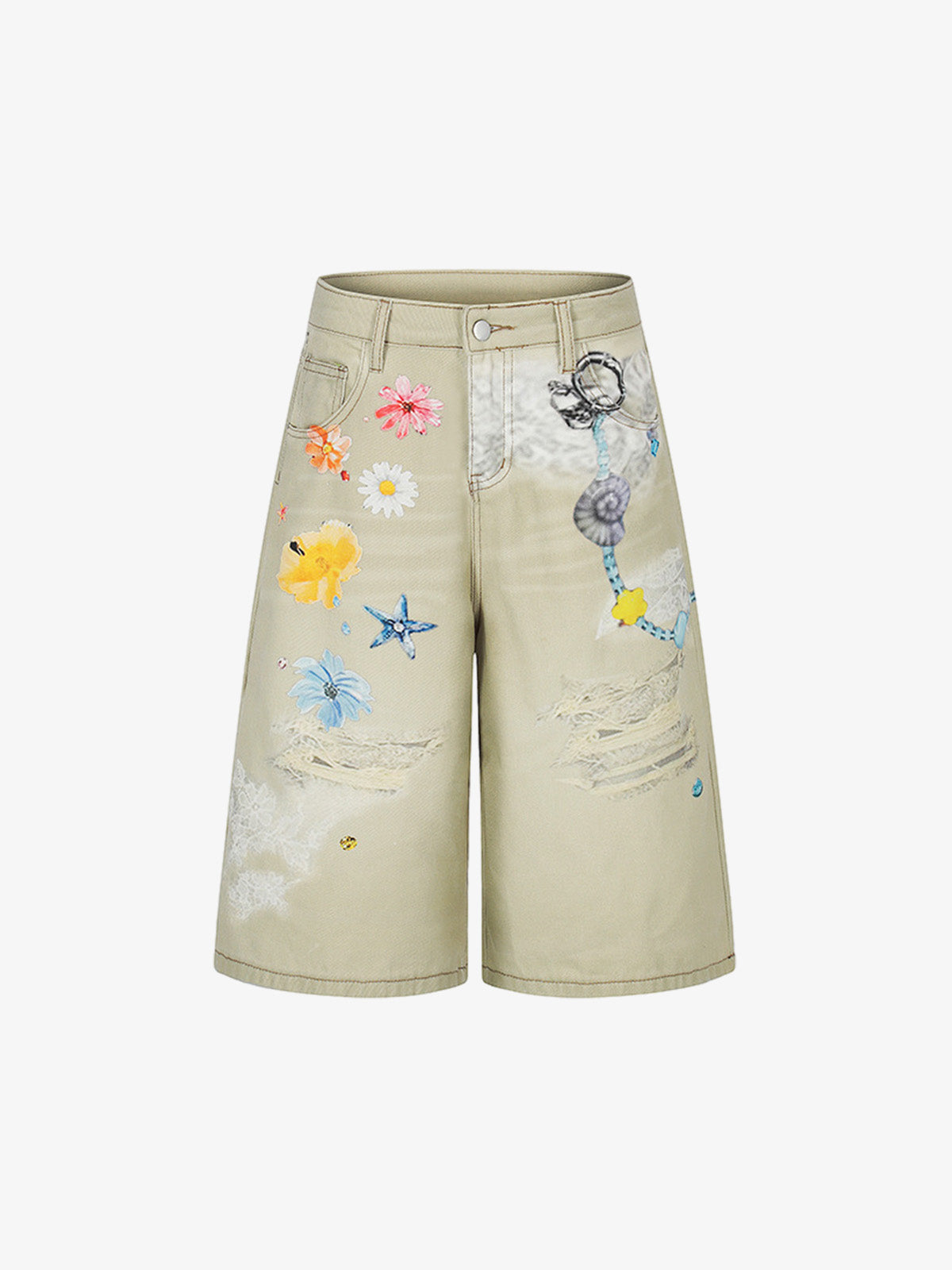 Jeansshorts mit Blumenapplikationen im Used-Look