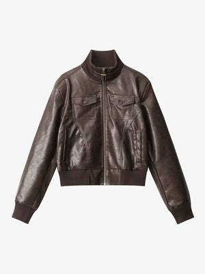 Thesupermade Faux Leather Cropped Fit Bomber Jacket