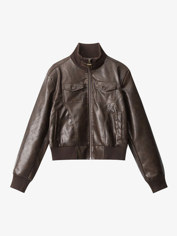 Thesupermade Faux Leather Cropped Fit Bomber Jacket