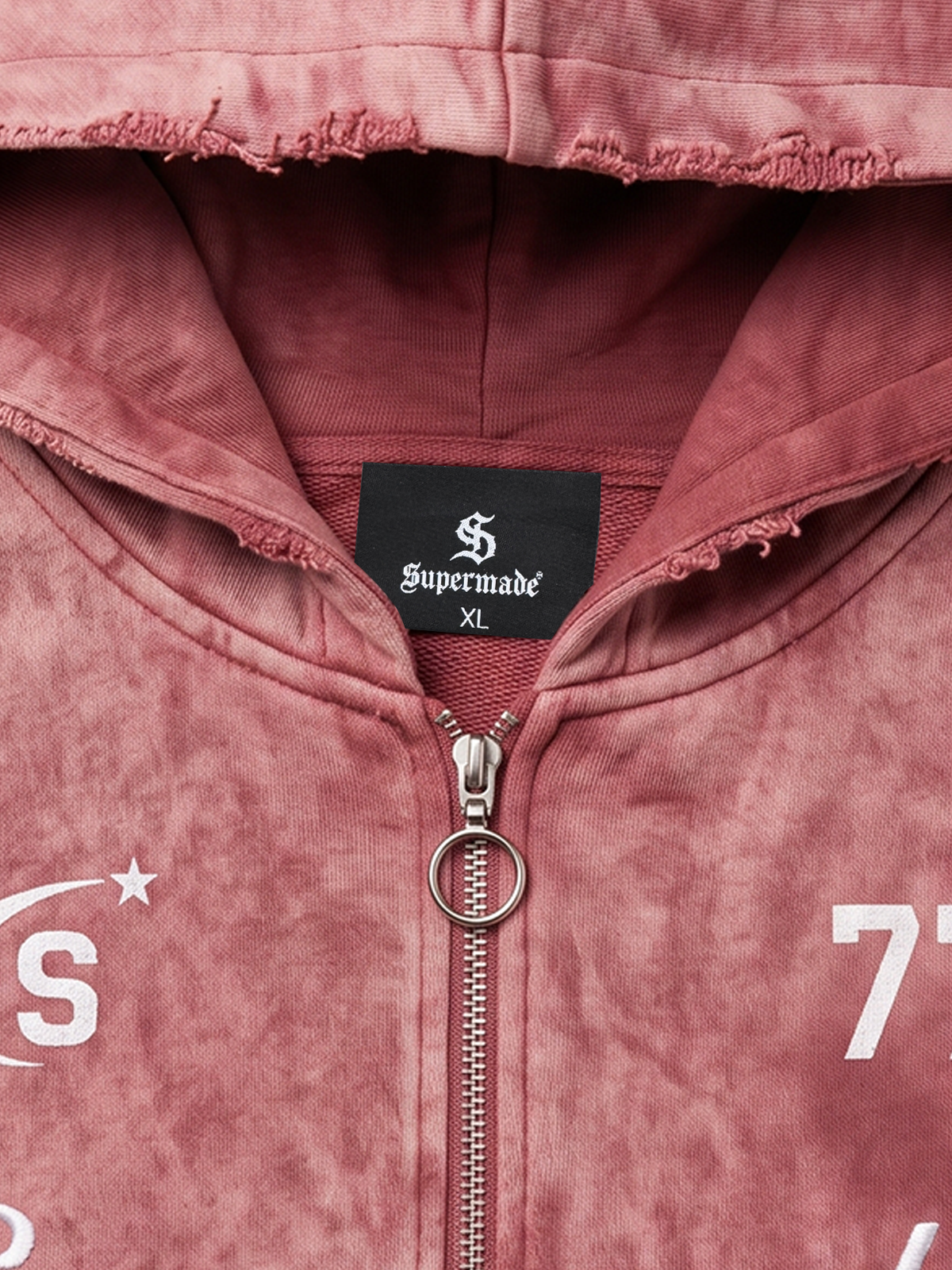 Embroidered Ripped Washed Distressed Zip Hoodie