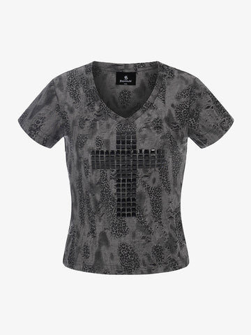 Glossy Cross Leopard Slim Fit Distressed T-Shirt 
