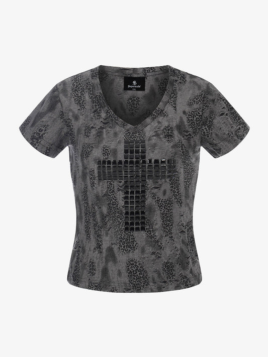 Glossy Cross Leopard Slim Fit Distressed T-Shirt 