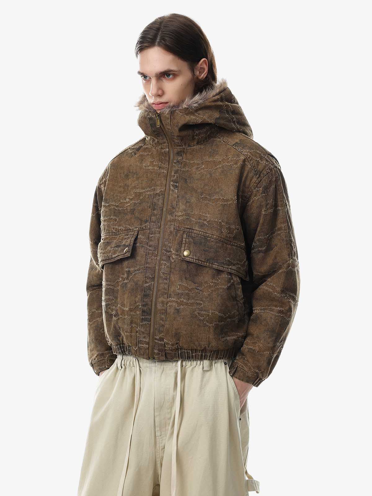 Distressed Faux-Fur Trim Hooded Utility Coat