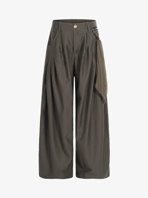 Pinstripe Pleated Wide Leg Trousers with Side Strap Detail