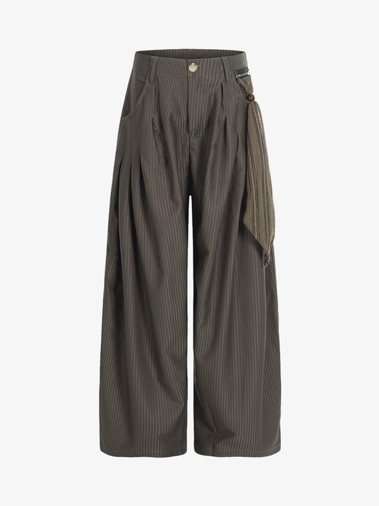 Pinstripe Pleated Wide Leg Trousers with Side Strap Detail