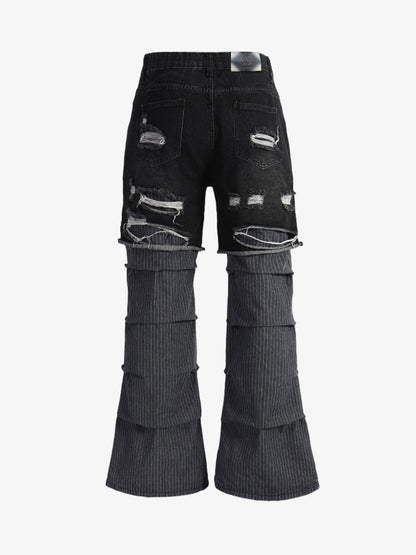Denim Ripped Layered Flare Pants with Distressed Details 
