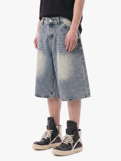 Rhinestone Distressed Denim Bermuda Shorts – Wide-Leg Cotton Streetwear Shorts