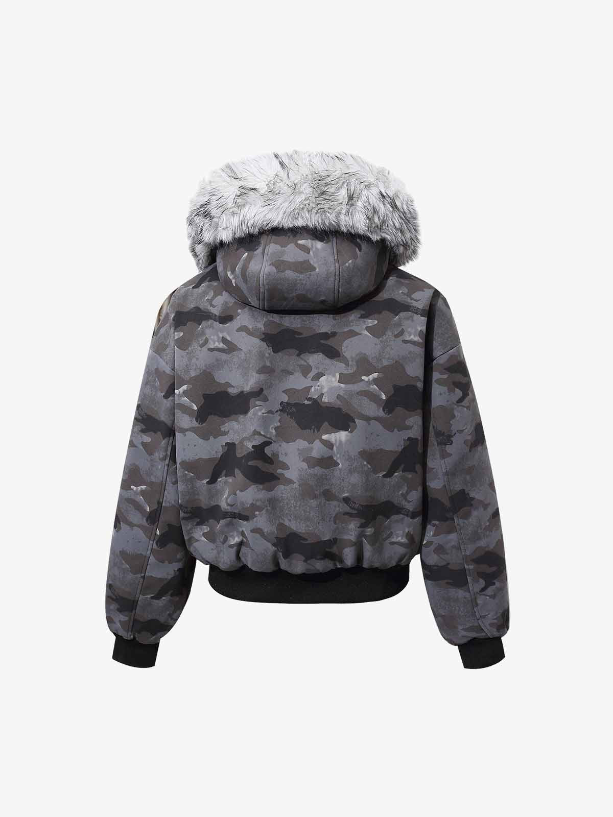 Camoflage Faux Fur Collar Zip Design Bomber Jacket 