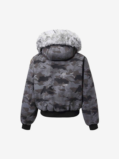 Camoflage Faux Fur Collar Zip Design Bomber Jacket 