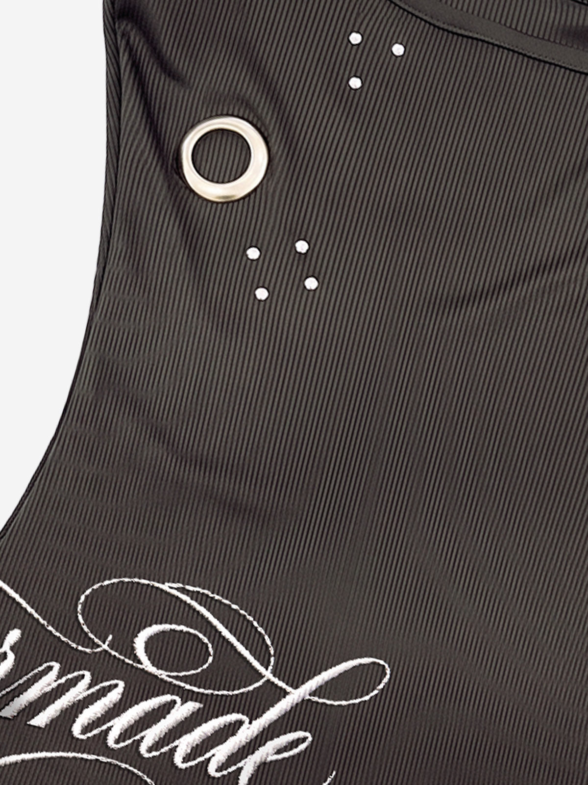 Letter Embroidered Rhinestone Eyelet Ribbed Tank Top