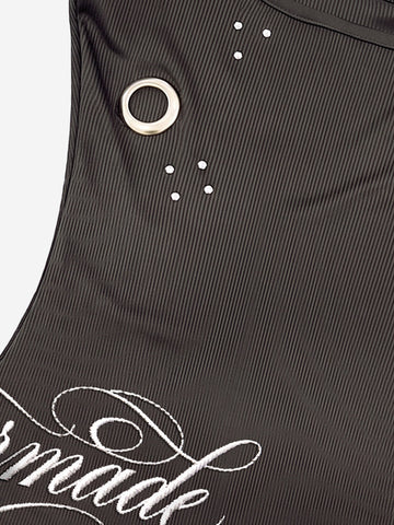 Letter Embroidered Rhinestone Eyelet Ribbed Tank Top