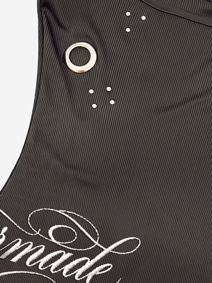 Letter Embroidered Rhinestone Eyelet Ribbed Tank Top