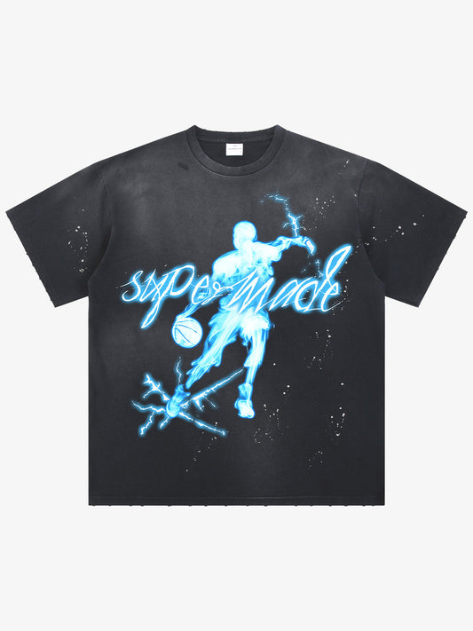 thesupermade "Energy Burst" Basketball Player Cyber Aesthetic Electric Print T-Shirt – Vintage Washed Oversized Basketball Streetwear T-Shirt 