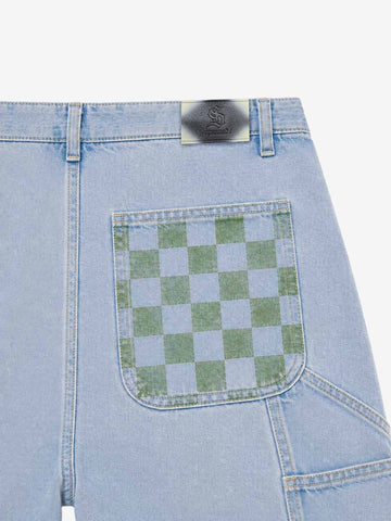 Checkerboard Knee-Ripped Distressed Wide-Leg Jeans
